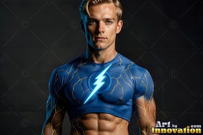 A blond man clad in a blue lightning crop top against black