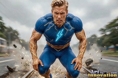 Crouched low on a cracked road, a light-haired man lands hard in a blue superhero suit