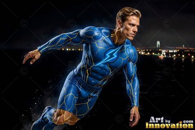 A blond man dressed in a blue lightning suit runs through the dark night sky