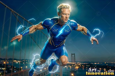 Above a suspension bridge, a blond man flies in a dark blue suit with lightning on his arms