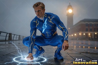 A man in his crackling blue lightning suit crouches on a wet street with electric sparks around his fist