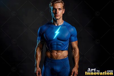 Standing against a dark background, a blond man wears a blue superhero suit