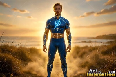 A blue costume with lightning stripes on a light-haired man standing by the coast at sunset