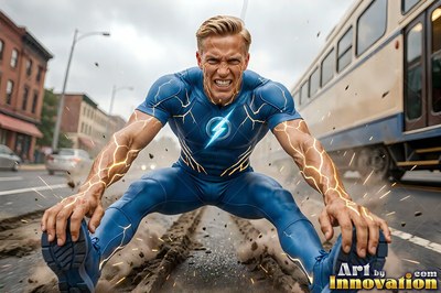 A man in a blue suit skids across the street as yellow lightning sparks on his arms
