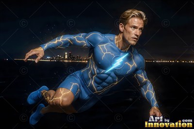 Diving horizontally above a dark city, a man wears a blue electrical bolts suit