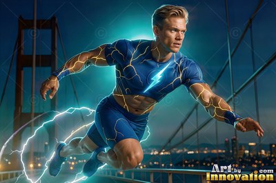 A light-haired man in a blue superhero suit flies over a bridge at dusk with lightning on his body