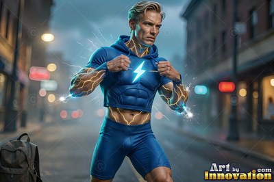 A blond-haired man in blue athletic gear tenses his fists as bright blue sparks crackle across his chest