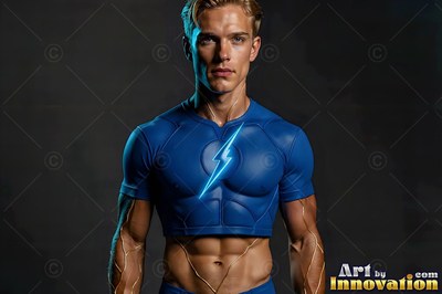 Against a dark wall, a fair-haired man stands in a blue crop top with a lightning bolt