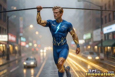 Running down a wet city street, a light-haired man dressed in a blue suit holds an overhead wire