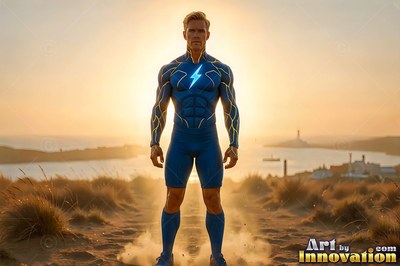 A man clad in a blue superhero suit stands on a dusty hill at sunset