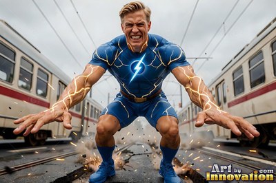 A blue superhero suit hugs a man crouching between two train cars with sparking arms