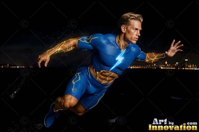 A blond man flies through the night sky in a dark blue suit lined with yellow electric veins