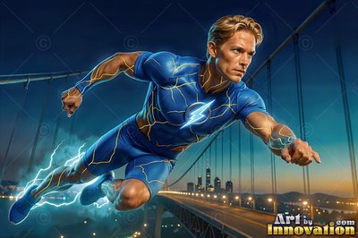Flying forward mid-stride, a blond-haired man in a blue costume soars above the bridge