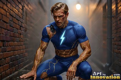 In a dark brick alley, a wounded man in a torn blue superhero suit crouches down