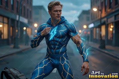 Bright lightning patterns cover the blue suit of a blond man standing on a street in the city