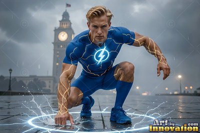 A blond-haired man wearing a blue superhero suit crouches on wet pavement with bright blue sparks around his fist