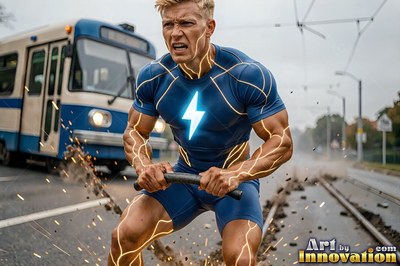 Crouching on streetcar tracks, a yellow-haired man in blue spandex bends a metal bar