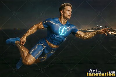 A blond man flies in a blue superhero suit with lightning over a dark city