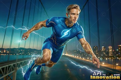 Above a bridge at dusk, a youthful man in blue runs with sparks on his skin