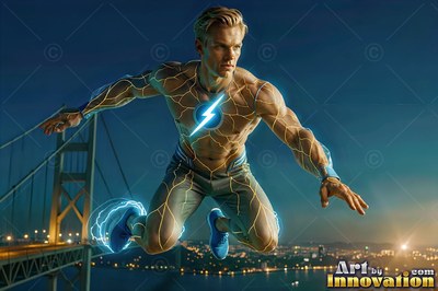 Flying above a bay bridge at night, a yellow-haired man wears a lightning suit
