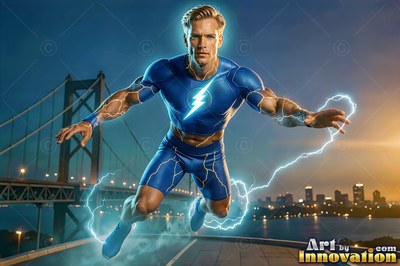 A fair-haired man in his blue costume flies over a bridge at dusk