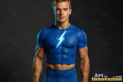 A blond man in his blue crop top with a lightning bolt insignia