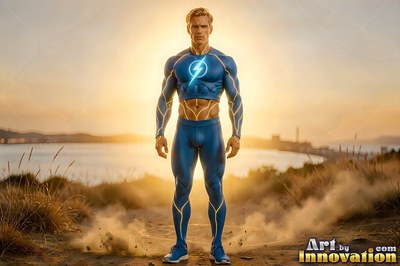 A man stands in a blue suit on a dirt hill before the bright setting sun