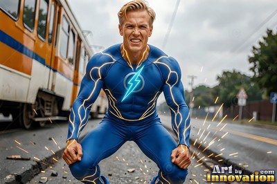 Crouching low on a street, a blond man in a blue costume grunts as sparks fly