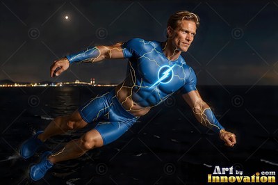 A muscular man wearing a blue lightning suit gl ides over dark water at night