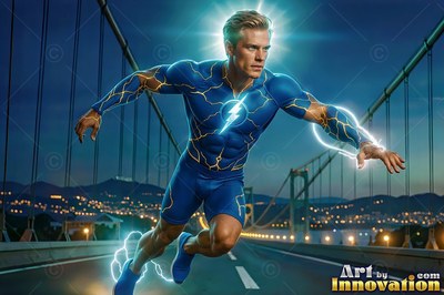 On a bridge roadway, a blond man runs forward in a blue electrical bolts suit