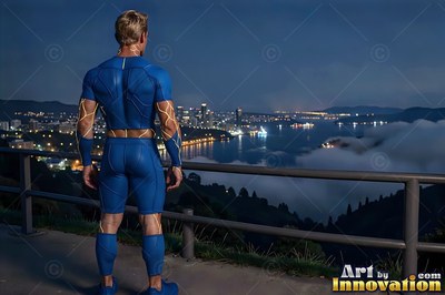 On an overlook at night, a man dressed in a blue superhero suit looks out at city lights