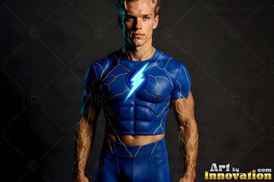 Standing against a dark background, a light-haired man wears a blue electric arcs suit