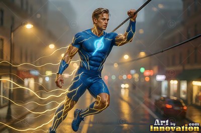 A man wearing a dark blue suit runs through a misty urban street with lightning trails