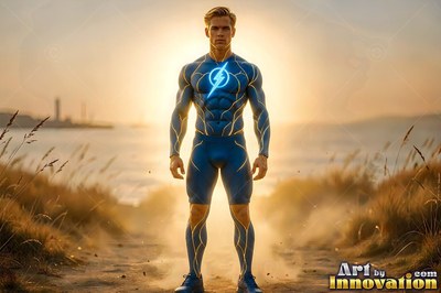 In a blue lightning suit, a muscular man stands on a sandy path by the ocean at sunset