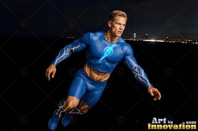 Leaning forward in flight, a man dressed in a blue costume drifts over night city lights