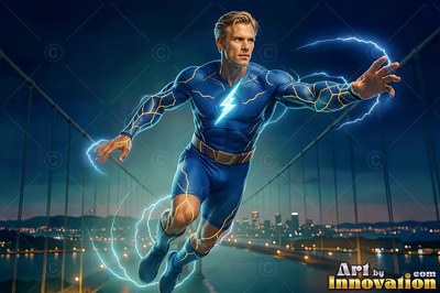 A blond man in a blue superhero suit flies over a bridge at night with crackling blue lightning