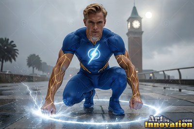 Crouching on a wet street, a light-haired man in his blue superhero suit touches lightning to the ground