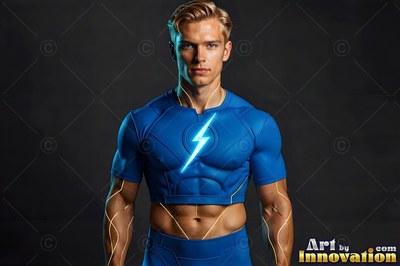 In a dark studio, a blond man stands in a blue crop top with a light bolt