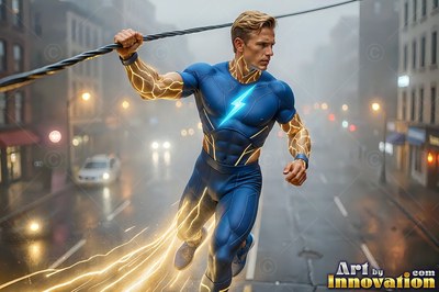 Running along an overhead cable, a blond-haired man dressed in a blue costume sparks with light