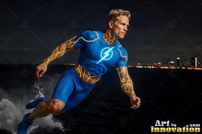 A light-haired man runs across water in a blue suit with bright yellow veins