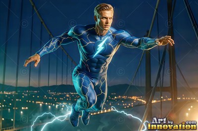Floating forward above a suspension bridge, a yellow-haired man wears a blue electrical bolts suit