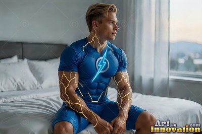 Sitting on a white bed, a blond man clad in a blue supersuit gazes out the window