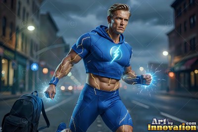 A blue crop top clad man with sparking fists stands ready on an empty urban street