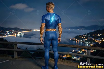 Seen from behind, a man wearing a blue suit looks out over a foggy bay at night