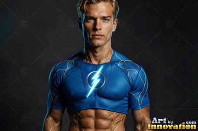 A blond man stands in a blue crop top with a bright lightning bolt symbol