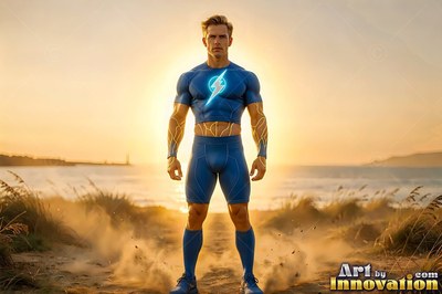 Standing on a dusty coast, a muscular man wears a blue superhero suit at sunset