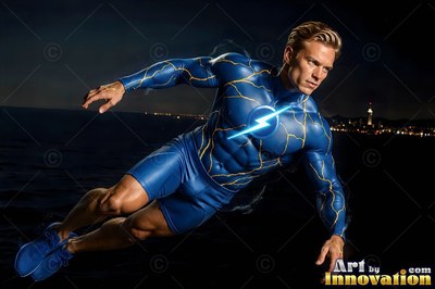 A lightning bolt emblem shines on a light-haired man's blue superhero suit as he flies over the bay at night