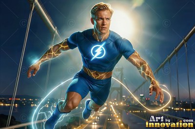 A fair-haired man in blue leaps from a suspension bridge under bright yellow sunlight