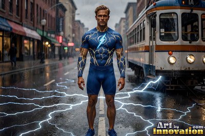 Standing straight on a rainy street, a man in a blue superhero suit sparks with lightning