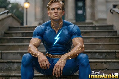 On stone steps in the rain, a muscular blond man sits in a blue electrical bolts suit
